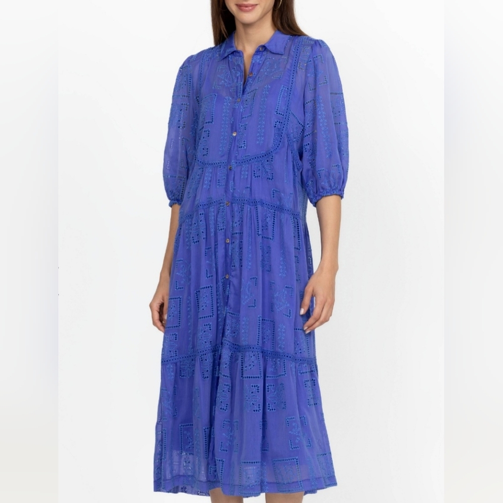 Johnny Was Blue Midi Sundress with Tiered Skirt and 3/4 Bishop Sleeves